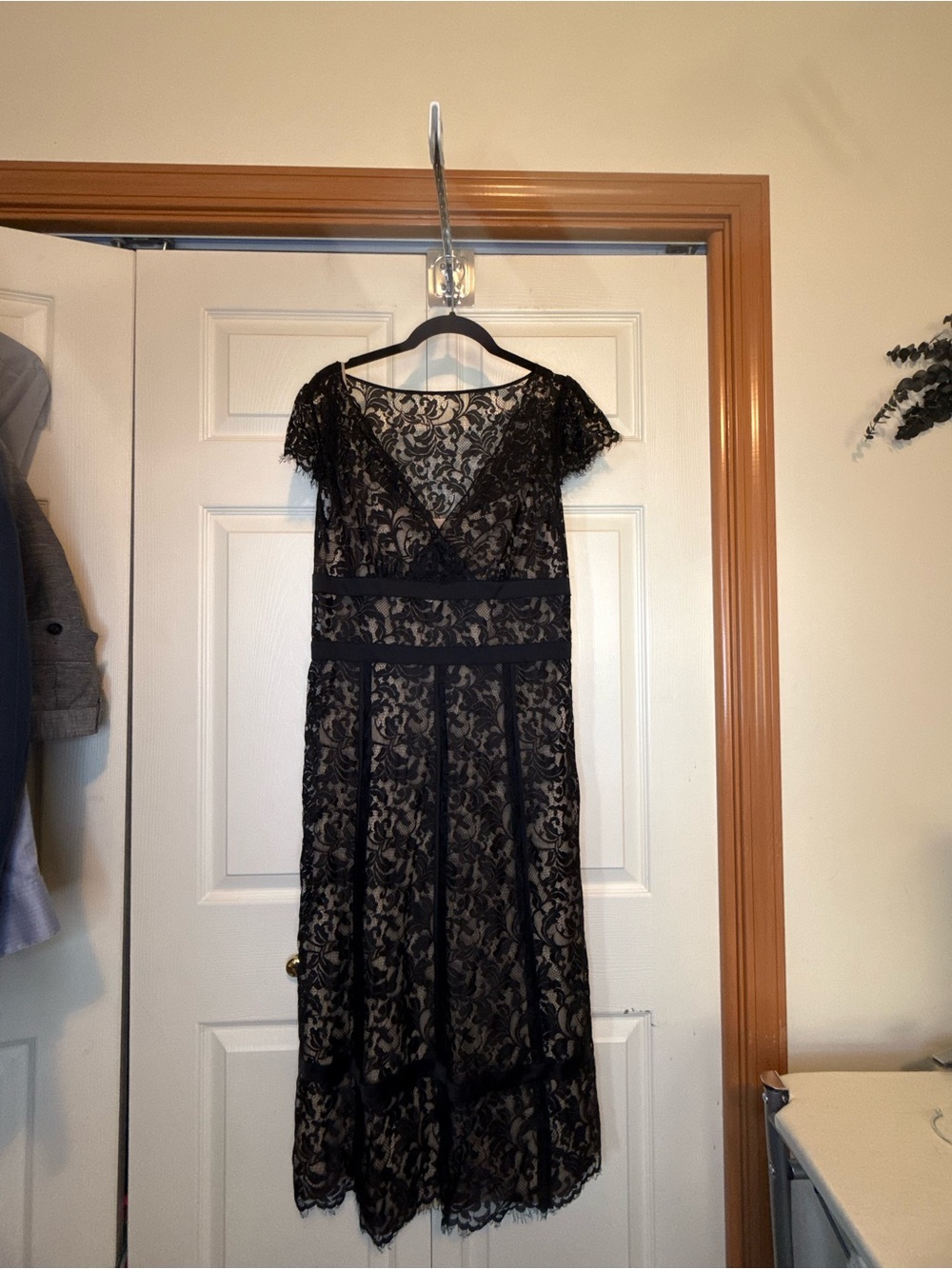 LOFT Black & Nude Lace Midi Dress with V-Neck - 8
